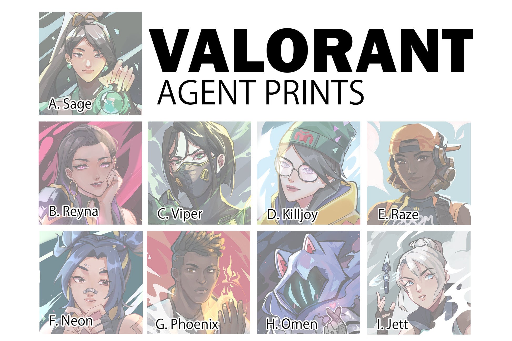 V*alorant Print Poster // Sage Reyna Viper killjoy raze neon phoenix omen jett