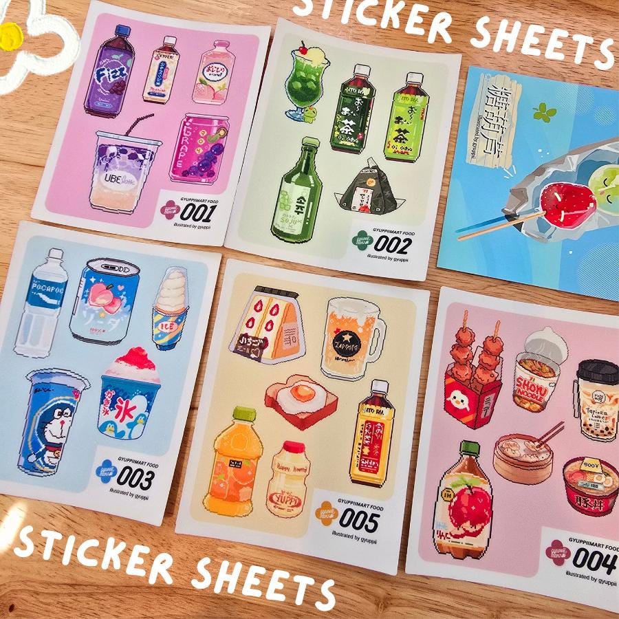 Pixel Art Konbini Themed Sticker Sheets 4x3 Original Gyuppiimart