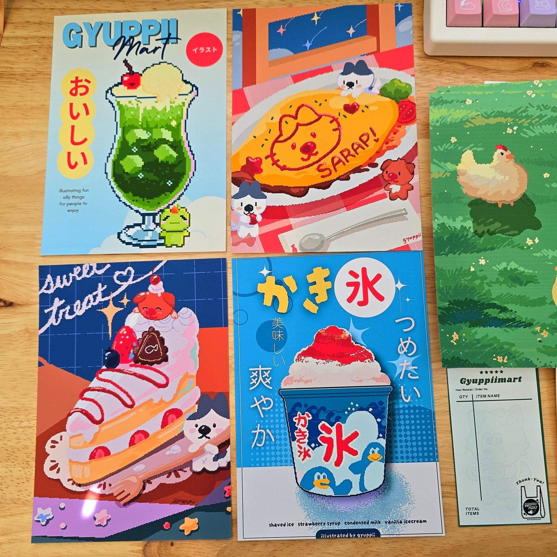 Original Gyuppiimart Konbini Pixel Art Prints 5x7 Melon Soda Omurice Kakigori Cake Chickens