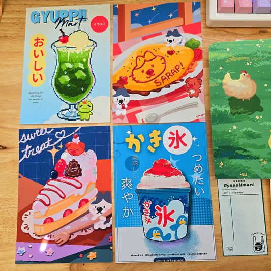 Original Gyuppiimart Konbini Pixel Art Prints 5x7 Melon Soda Omurice Kakigori Cake Chickens