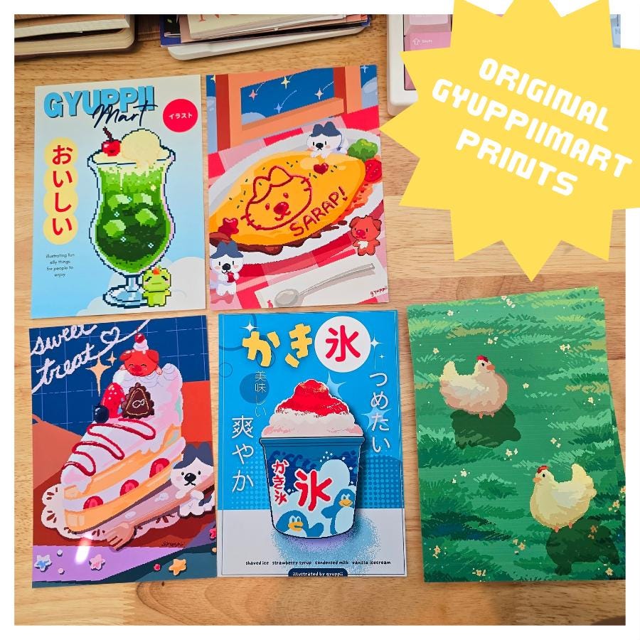 Original Gyuppiimart Konbini Pixel Art Prints 5x7 Melon Soda Omurice Kakigori Cake Chickens